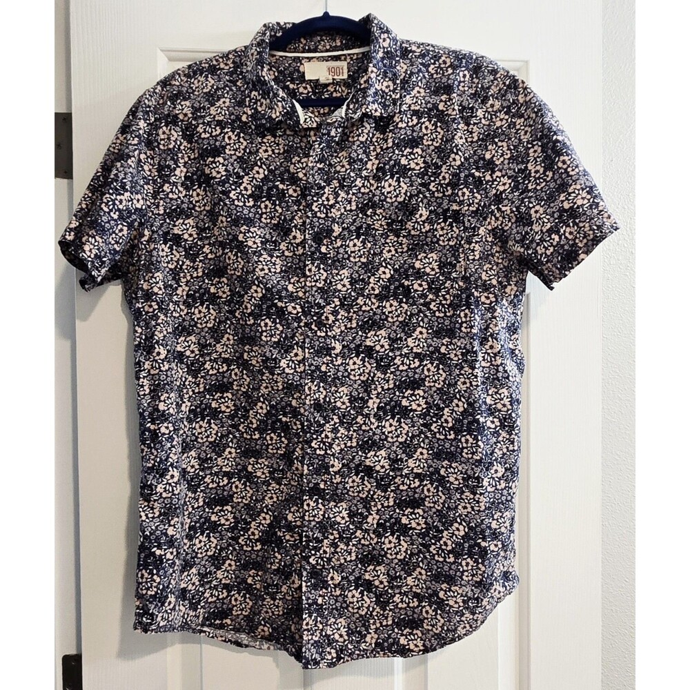 1901 Nordstrom Mens Floral Shirt Short Sleeve Button Down Navy Blue & Pink XL